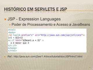 HISTÓRICO EM SERVLETS E JSP

   JSP - Expression Languages
      Poder     de Processamento e Acesso a JavaBeans




   Ref.: http://java.sun.com/j2ee/1.4/docs/tutorial/doc/JSPIntro7.html



                                                                          11
 