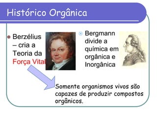 Histórico Orgânica
 Berzélius
– cria a
Teoria da
Força Vital
 Bergmann
divide a
química em
orgânica e
Inorgânica
Somente organismos vivos são
capazes de produzir compostos
orgânicos.
 