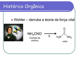  Wohler – derruba a teoria da força vital
NH4CNO
Cianato de
amônio uréia
C
O
NH2NH2
Histórico Orgânica
 