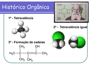 1º - Tetravalência
2º - Tetravalência igual
3º - Formação de cadeias
Histórico Orgânica
CH3 C
CH3
CH3
C
CH3
C
OH
CH3
 