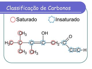 Classificação de Carbonos
Saturado Insaturado
CH3 C
CH3
CH3
C
CH3
C
OH
CH2 C
O
C C H
 