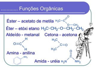 ............ Funções Orgânicas
CH3 C
O
O CH3
CH3 CH2 O CH2 CH3
CO
H
H
NH2
C O
CH3
CH3
C
O
NH2NH2
Éster – acetato de metila
Éter – etóxi etano
Aldeído - metanal Cetona - acetona
Amina - anilina
Amida - uréia
 