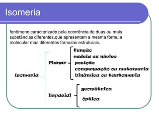 Isomeria
fenômeno caracterizado pela ocorrência de duas ou mais
substâncias diferentes,que apresentam a mesma fórmula
molecular mas diferentes fórmulas estruturais.
Isomeria
Planar
Espacial
função
cadeia ou núcleo
posição
compensação ou metameria
Dinâmica ou tautomeria
geométrica
óptica
 