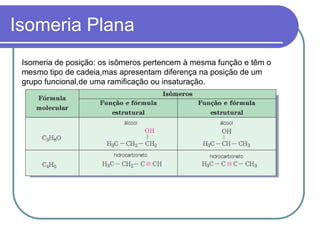 Isomeria Plana
Isomeria de posição: os isômeros pertencem à mesma função e têm o
mesmo tipo de cadeia,mas apresentam diferença na posição de um
grupo funcional,de uma ramificação ou insaturação.
 
