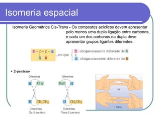 Isomeria espacial
Isomeria Geométrica Cis-Trans - Os compostos acíclicos devem apresentar
pelo menos uma dupla ligação entre carbonos,
e cada um dos carbonos da dupla deve
apresentar grupos ligantes diferentes.
 