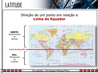 Direção de um ponto em relação a
Linha do Equador
Linha do Equador
NORTE:
Setentrional
ou
Boreal
SUL:
Meridional
ou
Austral
LATITUDE
 