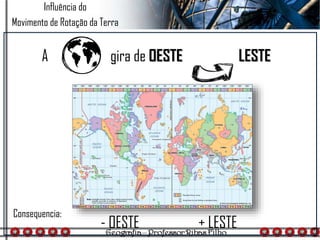 A gira de OESTE LESTE
Influência do
Movimento de Rotação da Terra
- OESTE + LESTE
Consequencia:
 