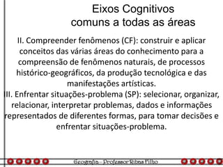 II. Compreender fenômenos (CF): construir e aplicar
conceitos das várias áreas do conhecimento para a
compreensão de fenômenos naturais, de processos
histórico-geográficos, da produção tecnológica e das
manifestações artísticas.
III. Enfrentar situações-problema (SP): selecionar, organizar,
relacionar, interpretar problemas, dados e informações
representados de diferentes formas, para tomar decisões e
enfrentar situações-problema.
Eixos Cognitivos
comuns a todas as áreas
 