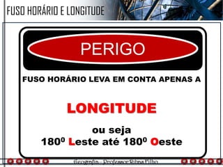 FUSO HORÁRIO E LONGITUDE
PERIGO
FUSO HORÁRIO LEVA EM CONTA APENAS A
LONGITUDE
ou seja
1800 Leste até 1800 Oeste
 