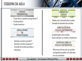 - O que são as escalas cartográficas ?
- Escala gráfica.
- Escala numérica.
ESQUEMA DA AULA
- Quando a escala é grande ?
- Quando a escala é pequena ?
- Exemplo de escalas grandes e
pequenas.
- Tabela com o tamanho das escalas.
- Exemplo de tamanho das escalas.
- Simplificações das escalas.
- Como calcular as escalas e distâncias.
- Diferentes formas que as escalas
cartográficas podem ser cobradas
em seu vestibular.
 