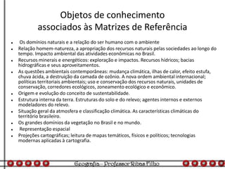 Objetos de conhecimento
associados às Matrizes de Referência
 Os domínios naturais e a relação do ser humano com o ambiente
 Relação homem-natureza, a apropriação dos recursos naturais pelas sociedades ao longo do
tempo. Impacto ambiental das atividades econômicas no Brasil.
 Recursos minerais e energéticos: exploração e impactos. Recursos hídricos; bacias
hidrográficas e seus aproveitamentos.
 As questões ambientais contemporâneas: mudança climática, ilhas de calor, efeito estufa,
chuva ácida, a destruição da camada de ozônio. A nova ordem ambiental internacional;
políticas territoriais ambientais; uso e conservação dos recursos naturais, unidades de
conservação, corredores ecológicos, zoneamento ecológico e econômico.
 Origem e evolução do conceito de sustentabilidade.
 Estrutura interna da terra. Estruturas do solo e do relevo; agentes internos e externos
modeladores do relevo.
 Situação geral da atmosfera e classificação climática. As características climáticas do
território brasileiro.
 Os grandes domínios da vegetação no Brasil e no mundo.
 Representação espacial
 Projeções cartográficas; leitura de mapas temáticos, físicos e políticos; tecnologias
modernas aplicadas à cartografia.
 