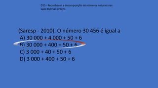 D15 - Reconhecer a decomposição de números naturais nas
suas diversas ordens
(Saresp - 2010). O número 30 456 é igual a
A) 30 000 + 4 000 + 50 + 6
B) 30 000 + 400 + 50 + 6
C) 3 000 + 40 + 50 + 6
D) 3 000 + 400 + 50 + 6
 