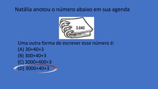 Natália anotou o número abaixo em sua agenda.
Uma outra forma de escrever esse número é:
(A) 30+40+3
(B) 300+40+3
(C) 3000+400+3
(D) 3000+40+3
 