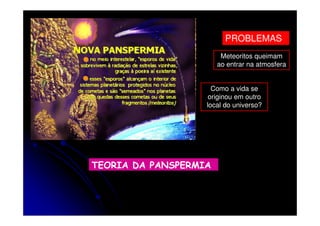 PROBLEMAS
Meteoritos queimam
ao entrar na atmosfera
Como a vida se
originou em outro
local do universo?

TEORIA DA PANSPERMIA

 