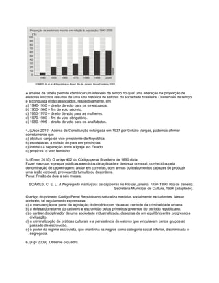 A análise da tabela permite identificar um intervalo de tempo no qual uma alteração na proporção de
eleitores inscritos resultou de uma luta histórica de setores da sociedade brasileira. O intervalo de tempo
e a conquista estão associados, respectivamente, em
a) 1940-1950 – direito de voto para os ex-escravos.
b) 1950-1960 – fim do voto secreto.
c) 1960-1970 – direito de voto para as mulheres.
d) 1970-1980 – fim do voto obrigatório.
e) 1980-1996 – direito de voto para os analfabetos.
4. (Uece 2010) Acerca da Constituição outorgada em 1937 por Getúlio Vargas, podemos afirmar
corretamente que
a) aboliu o cargo de vice-presidente da República.
b) estabeleceu a divisão do país em províncias.
c) instituiu a separação entre a Igreja e o Estado.
d) propiciou o voto feminino.
5. (Enem 2010) O artigo 402 do Código penal Brasileiro de 1890 dizia:
Fazer nas ruas e praças públicas exercícios de agilidade e destreza corporal, conhecidos pela
denominação de capoeiragem: andar em correrias, com armas ou instrumentos capazes de produzir
uma lesão corporal, provocando tumulto ou desordens.
Pena: Prisão de dois a seis meses.
SOARES, C. E. L. A Negregada instituição: os capoeiras no Rio de Janeiro: 1850-1890. Rio de Janeiro:
Secretaria Municipal de Cultura, 1994 (adaptado).
O artigo do primeiro Código Penal Republicano naturaliza medidas socialmente excludentes. Nesse
contexto, tal regulamento expressava
a) a manutenção de parte da legislação do Império com vistas ao controle da criminalidade urbana.
b) a defesa do retorno do cativeiro e escravidão pelos primeiros governos do período republicano.
c) o caráter disciplinador de uma sociedade industrializada, desejosa de um equilíbrio entre progresso e
civilização.
d) a criminalização de práticas culturais e a persistência de valores que vinculavam certos grupos ao
passado de escravidão.
e) o poder do regime escravista, que mantinha os negros como categoria social inferior, discriminada e
segregada.
6. (Fgv 2009) Observe o quadro.
 