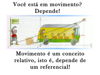 Você está em movimento?
Depende!

Movimento é um conceito
relativo, isto é, depende de
um referencial!

 