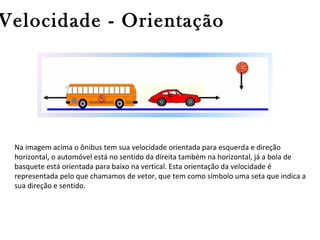 Velocidade - Orientação

Na imagem acima o ônibus tem sua velocidade orientada para esquerda e direção
horizontal, o automóvel está no sentido da direita também na horizontal, já a bola de
basquete está orientada para baixo na vertical. Esta orientação da velocidade é
representada pelo que chamamos de vetor, que tem como símbolo uma seta que indica a
sua direção e sentido.

 