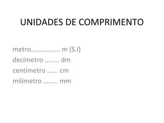 UNIDADES DE COMPRIMENTO
metro................ m (S.I)
decímetro ........ dm
centímetro ...... cm
milímetro ........ mm

 