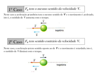 1º Caso

FR tem o mesmo sentido da velocidade V.

Neste caso a aceleração a também tem o mesmo sentido de V e o movimento é acelerado,
isto é, o módulo de V aumenta com o tempo.

2º Caso

FR tem sentido contrário da velocidade V.

Neste caso, a aceleração a tem sentido oposto ao de V e o movimento é retardado, isto é,
o módulo de V diminui com o tempo.

 