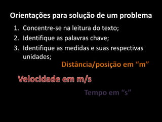 Orientações para solução de um problemaConcentre-se na leitura do texto;Identifique as palavras chave;Identifique as medidas e suas respectivas unidades; Distância/posição em “m”Velocidade em m/sTempo em “s”