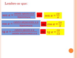 Lembre-se que:


          𝑐𝑎𝑡𝑒𝑡𝑜 𝑜𝑝𝑜𝑠𝑡𝑜 𝑎 𝛼                       𝐶𝑂
sen 𝛼 =                          ou     sen 𝛼 =
            ℎ𝑖𝑝𝑜𝑡𝑒𝑛𝑢𝑠𝑎                             𝐻
          𝑐𝑎𝑡𝑒𝑡𝑜 𝑎𝑑𝑗𝑎𝑠𝑐𝑒𝑛𝑡𝑒 𝑎 𝛼                    𝐶𝐴
cos 𝛼 =                               ou cos 𝛼 =
              ℎ𝑖𝑝𝑜𝑡𝑒𝑛𝑢𝑠𝑎                            𝐻
           𝑐𝑎𝑡𝑒𝑡𝑜 𝑜𝑝𝑜𝑠𝑡𝑜 𝑎 𝛼                      𝐶𝑂
tg 𝛼 =                                ou tg 𝛼 =
         𝑐𝑎𝑡𝑒𝑡𝑜 𝑎𝑑𝑗𝑎𝑠𝑐𝑒𝑛𝑡𝑒 𝑎 𝛼                    𝐶𝐴
 