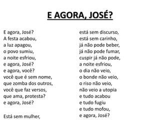 E AGORA, JOSÉ?
E agora, José?
A festa acabou,
a luz apagou,
o povo sumiu,
a noite esfriou,
e agora, José?
e agora, você?
você que é sem nome,
que zomba dos outros,
você que faz versos,
que ama, protesta?
e agora, José?
Está sem mulher,
está sem discurso,
está sem carinho,
já não pode beber,
já não pode fumar,
cuspir já não pode,
a noite esfriou,
o dia não veio,
o bonde não veio,
o riso não veio,
não veio a utopia
e tudo acabou
e tudo fugiu
e tudo mofou,
e agora, José?
 