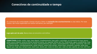 Conectivos de continuidade e tempo
Os conectivos de continuidade e tempo situam o leitor na sucessão dos acontecimentos ou das ideias. Por esse
motivo, são muito explorados em textos narrativos, por exemplo:
Logo após sair da aula, Bianca teve um encontro com Arthur.
CONECTIVOS: Então, enfim, logo, logo depois, imediatamente, logo após, a princípio, no momento em que, pouco
antes, pouco depois, anteriormente, posteriormente, em seguida, afinal, por fim, finalmente, agora, atualmente, hoje,
frequentemente, constantemente, às vezes, eventualmente, por vezes, ocasionalmente, sempre, raramente, não raro,
ao mesmo tempo, simultaneamente, nesse ínterim, nesse meio tempo, nesse hiato, enquanto, quando, antes que,
depois que, logo que, sempre que, assim que, desde que, todas às vezes que, cada vez que, apenas, já, mal, nem bem.
 