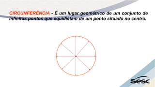 CIRCUNFERÊNCIA - É um lugar geométrico de um conjunto de
infinitos pontos que equidistam de um ponto situado no centro.
 