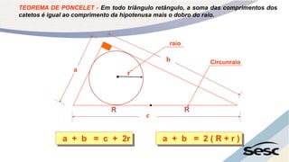 TEOREMA DE PONCELET - Em todo triângulo retângulo, a soma das comprimentos dos
catetos é igual ao comprimento da hipotenusa mais o dobro do raio.
a + b = c + 2r a + b = 2 ( R + r )
a
b
c
r
R R
raio
Circunraio
 