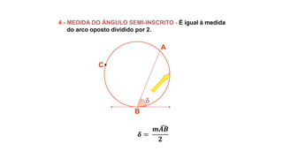 
4 - MEDIDA DO ÂNGULO SEMI-INSCRITO - É igual à medida
do arco oposto dividido por 2.
A
B
C
𝜹 =
𝒎𝑨𝑩
𝟐
 