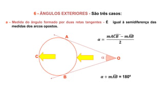
A
B
C O
6 - ÂNGULOS EXTERIORES - São três casos:
a - Medida do ângulo formado por duas retas tangentes - É igual à semidiferença das
medidas dos arcos opostos.
𝜶 =
𝒎𝑨𝑪𝑩 − 𝒎𝑨𝑩
𝟐
𝜶 + 𝒎𝑨𝑩 = 180º
 