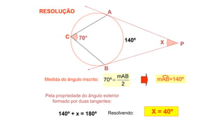 RESOLUÇÃO
Pela propriedade do ângulo exterior
formado por duas tangentes:
Medida do ângulo inscrito:
70°
B
A
X P
C
→
140º
140º + x = 180º Resolvendo: X = 40º
2
mAB
º
70  mAB=140º
 