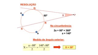 2a + 80º = 360º
a = 140º
Medida do ângulo exterior:
X
a




80
2
140 80
2
º º º
X = 30º
Na circunferência:
RESOLUÇÃO
X
Q
R
S
80º P
a
a
 