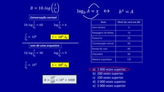 a) 1 000 vezes superior.
b) 200 vezes superior.
c) 100 vezes superior.
d) 2 000 vezes superior.
e) 5 000 vezes superior
Conversação normal:
10. log
𝐼
𝐼0
= 60 log
𝐼
𝐼0
= 6
𝐼
𝐼0
= 106
𝑰 = 𝟏𝟎𝟔. 𝑰𝟎
som de uma orquestra:
10. log
𝐼
𝐼0
= 90 log
𝐼
𝐼0
= 9
𝐼
𝐼0
= 109
𝑰 = 𝟏𝟎𝟗
. 𝑰𝟎
𝑅 =
109
106
= 103 = 1000
𝐵 = 10. 𝑙𝑜𝑔
𝐼
𝐼𝑜 log𝑏 𝐴 = 𝑥 ↔ 𝑏𝑥 = 𝐴
 