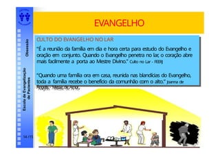 EDI TORA
A
UTA D ESOUZ
A
Escola
de
Evangelização
de
Pacientes
Obsessão
14 /15
EVANGELHO
CULTO DO EVANGELHO NO LAR
“É a reunião da família em dia e hora certa para estudo do Evangelho e
oração em conjunto. Quando o Evangelho penetra no lar
, o coração abre
mais facilmente a porta ao Mestre Divino.” Culto no Lar - FEERJ
“Quando uma família ora em casa, reunida nas blandícias do Evangelho,
toda a família recebe o benefício da comunhão com o alto.” Joanna de
Ângelis - Messe de Amor
CULTO DO EVANGELHO NO LAR
“É a reunião da família em dia e hora certa para estudo do Evangelho e
oração em conjunto. Quando o Evangelho penetra no lar
, o coração abre
mais facilmente a porta ao Mestre Divino.” Culto no Lar - FEERJ
“Quando uma família ora em casa, reunida nas blandícias do Evangelho,
toda a família recebe o benefício da comunhão com o alto.” Joanna de
Ângelis - Messe de Amor
 