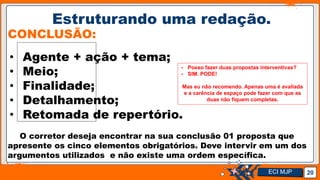 Jens Martensson
Estruturando uma redação.
20
CONCLUSÃO:
• Agente + ação + tema;
• Meio;
• Finalidade;
• Detalhamento;
• Retomada de repertório.
O corretor deseja encontrar na sua conclusão 01 proposta que
apresente os cinco elementos obrigatórios. Deve intervir em um dos
argumentos utilizados e não existe uma ordem específica.
- Posso fazer duas propostas interventivas?
- SIM. PODE!
Mas eu não recomendo. Apenas uma é avaliada
e a carência de espaço pode fazer com que as
duas não fiquem completas.
ECI MJP
 