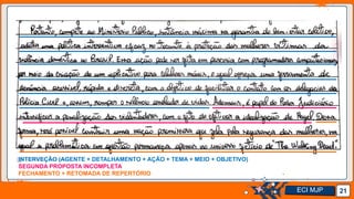 Jens Martensson 21
INTERVEÇÃO (AGENTE + DETALHAMENTO + AÇÃO + TEMA + MEIO + OBJETIVO)
SEGUNDA PROPOSTA INCOMPLETA
FECHAMENTO + RETOMADA DE REPERTÓRIO
ECI MJP
 