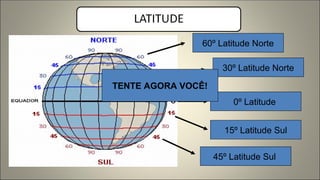 60º Latitude Norte
30º Latitude Norte
0º Latitude
15º Latitude Sul
45º Latitude Sul
TENTE AGORA VOCÊ!
 