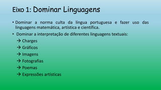 Eixo 1: Dominar Linguagens
• Dominar a norma culta da língua portuguesa e fazer uso das
linguagens matemática, artística e científica.
• Dominar a interpretação de diferentes linguagens textuais:
 Charges
 Gráficos
 Imagens
 Fotografias
 Poemas
 Expressões artísticas
 