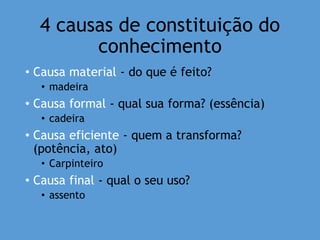 4 causas de constituição do
conhecimento
• Causa material - do que é feito?
• madeira
• Causa formal - qual sua forma? (essência)
• cadeira
• Causa eficiente - quem a transforma?
(potência, ato)
• Carpinteiro
• Causa final - qual o seu uso?
• assento
 