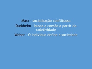 Marx - socialização conflituosa
Durkheim - busca a coesão a partir da
coletividade
Weber - O indivíduo define a sociedade
 
