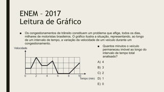 ENEM – 2017
Leitura de Gráfico
■ Os congestionamentos de trânsito constituem um problema que aflige, todos os dias,
milhares de motoristas brasileiros. O gráfico ilustra a situação, representando, ao longo
de um intervalo de tempo, a variação da velocidade de um veículo durante um
congestionamento.
■ Quantos minutos o veículo
permaneceu imóvel ao longo do
intervalo de tempo total
analisado?
A) 4
B) 3
C) 2
D) 1
E) 0
 