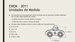 ENEM – 2011
Unidades de Medida
■ Um mecânico de uma equipe de corrida necessita que as seguintes medidas realizadas
em um carro sejam obtidas em metros:
a) distância a entre os eixos dianteiro e traseiro;
b) altura b entre o solo e o encosto do piloto.
■ Ao optar pelas medidas a e b em metros, obtêm-se, respectivamente,
A) 0,23 e 0,16.
B) 2,3 e 1,6.
C) 23 e 16.
D) 230 e 160.
E) 2 300 e 1 600.
 