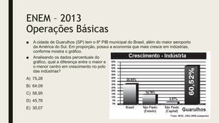 ENEM – 2013
Operações Básicas
■ A cidade de Guarulhos (SP) tem o 8º PIB municipal do Brasil, além do maior aeroporto
da América do Sul. Em proporção, possui a economia que mais cresce em indústrias,
conforme mostra o gráfico.
■ Analisando os dados percentuais do
gráfico, qual a diferença entre o maior e
o menor centro em crescimento no polo
das indústrias?
A) 75,28
B) 64,09
C) 56,95
D) 45,76
E) 30,07
 