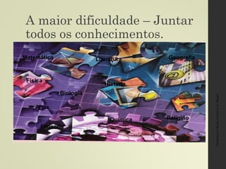 A maior dificuldade – Juntar
todos os conhecimentos.
Professora:MariaCristinaA.Biagio
Matemática
Física
Química
Artes
Biologia
Literatura
História
Filosofia
Geografia
Religião
 