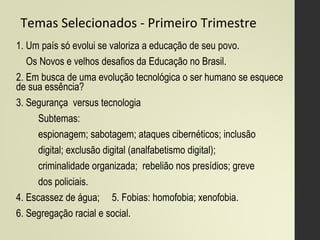 Temas Selecionados - Primeiro Trimestre
1. Um país só evolui se valoriza a educação de seu povo.
Os Novos e velhos desafios da Educação no Brasil.
2. Em busca de uma evolução tecnológica o ser humano se esquece
de sua essência?
3. Segurança versus tecnologia
Subtemas:
espionagem; sabotagem; ataques cibernéticos; inclusão
digital; exclusão digital (analfabetismo digital);
criminalidade organizada; rebelião nos presídios; greve
dos policiais.
4. Escassez de água; 5. Fobias: homofobia; xenofobia.
6. Segregação racial e social.
 