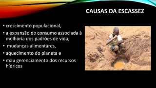 CAUSAS DA ESCASSEZ
• crescimento populacional,
• a expansão do consumo associada à
melhoria dos padrões de vida,
• mudanças alimentares,
• aquecimento do planeta e
• mau gerenciamento dos recursos
hídricos
 