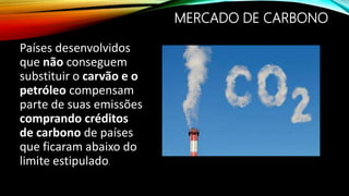 MERCADO DE CARBONO
Países desenvolvidos
que não conseguem
substituir o carvão e o
petróleo compensam
parte de suas emissões
comprando créditos
de carbono de países
que ficaram abaixo do
limite estipulado.
 