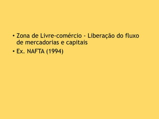 • Zona de Livre-comércio - Liberação do fluxo
de mercadorias e capitais
• Ex. NAFTA (1994)
 