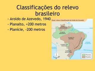 Classificações do relevo
brasileiro
- Aroldo de Azevedo, 1940
- Planalto, +200 metros
- Planície, -200 metros
 